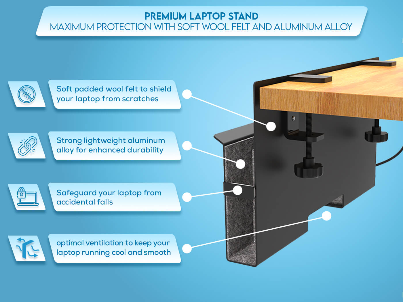 Side-Mount Laptop Desk Stand fits: Dell / Acer / ASUS /MacBook/Surface/Lenovo/ HP / Gaming Laptops -Aluminum Made